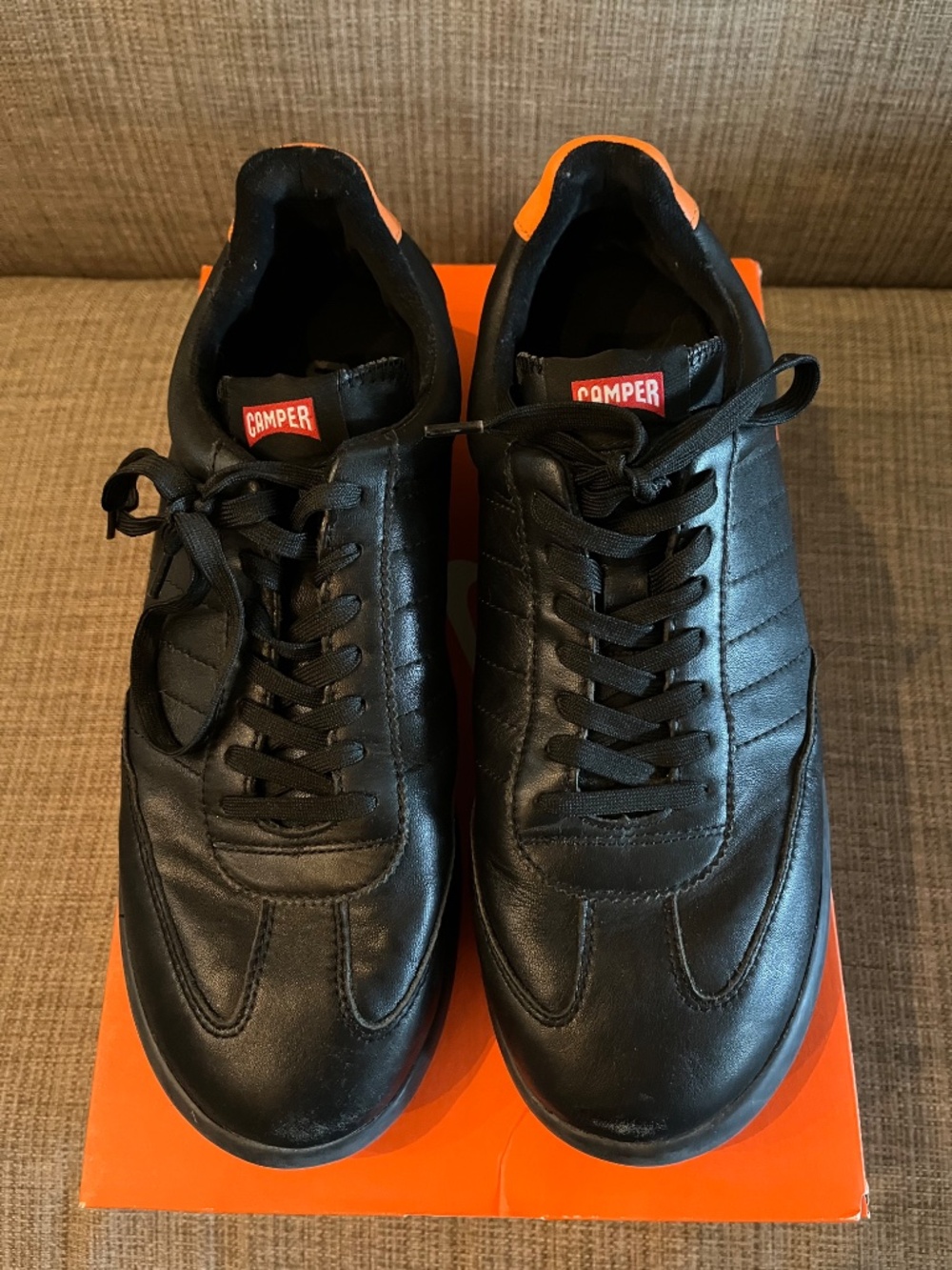 Camper Mens Black Leather Low Top Sneakers Orange Heel Tab - Size 45EU/11-11.5US